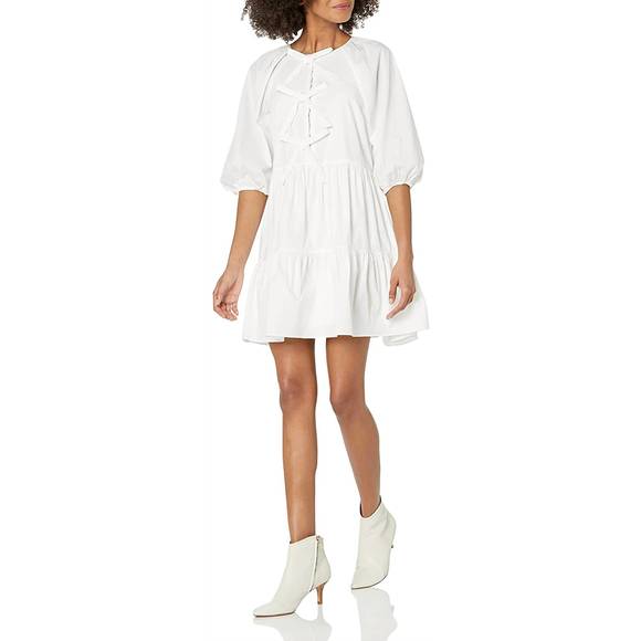 NEW CINQ A SEPT lynn cotton bow detail puff sleeve flared mini dress in white - Picture 6 of 6